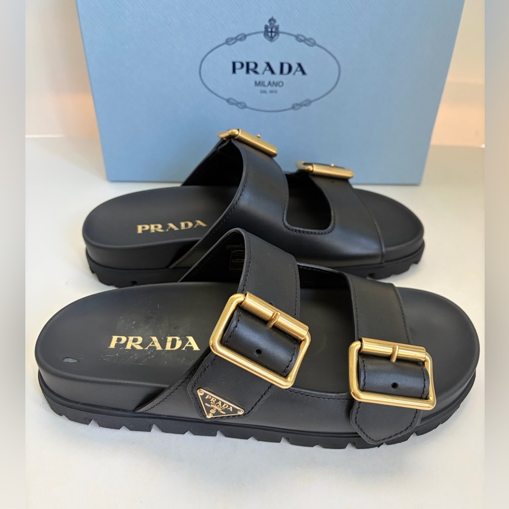 Prada Women’s Leather Dual-Buckle Slide Sandals - Picture 5 of 12